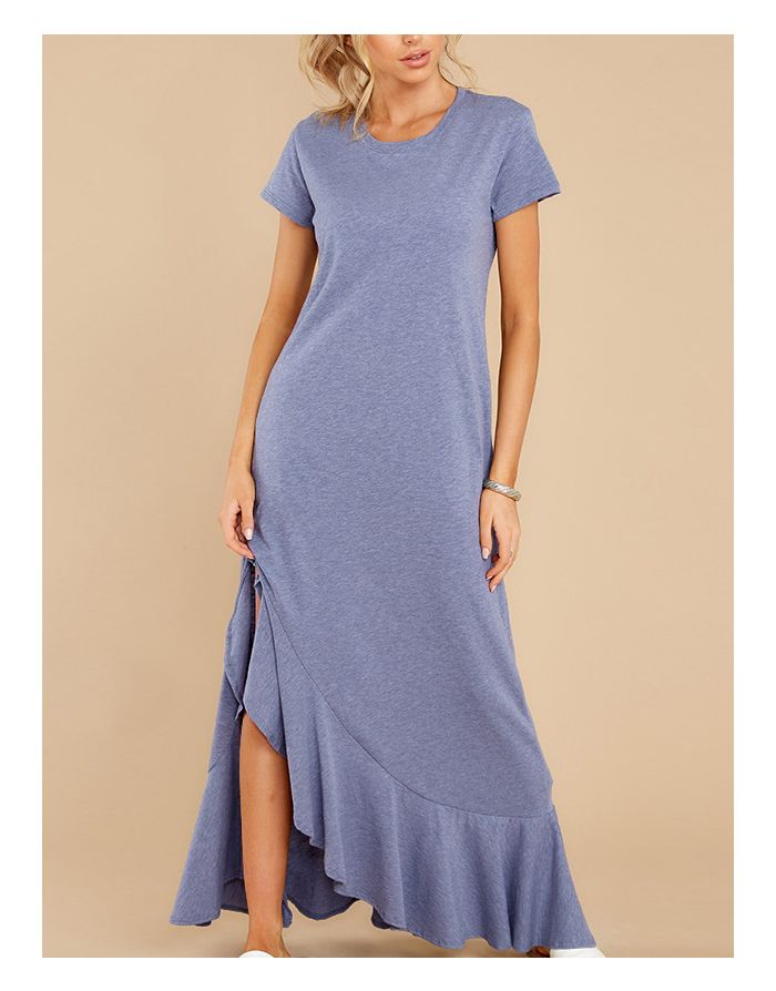 Women Plus Size Short Sleeve Round Neck Irregular Ruffled Maxi Split Loose Casual Summer Dress