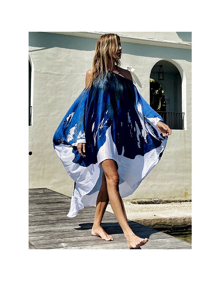 Spring Summer Oblique Cold Shoulder Printed Striped Irregular Loose Cape Beach Holiday Midi Dress